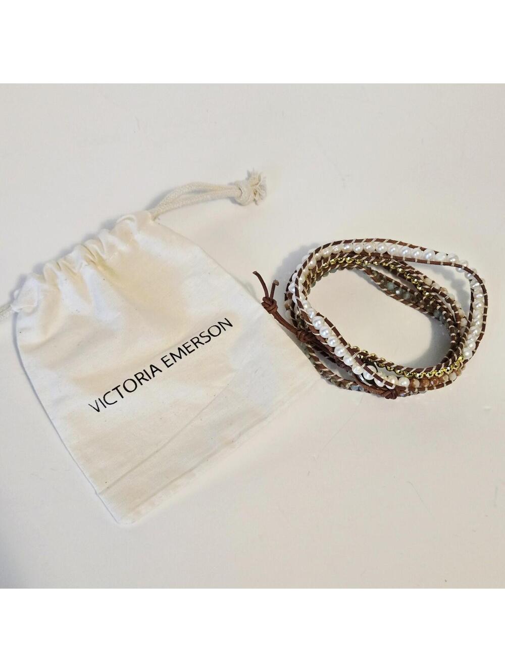 Victoria Emerson Wrap Bracelet with Blue, Gold, Pearl Beads – Brown Boho Style